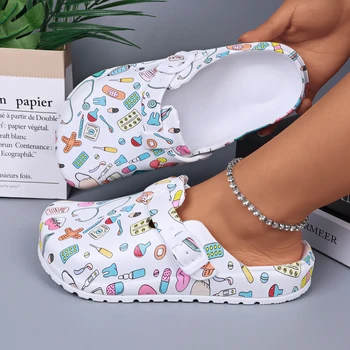 Women's Printed Indoor Sllippers Mule Clogs EVA Anti-slip Work Shoes Flat Soft Sole Adjustable Buckle Closed Toe House Slippers 1
