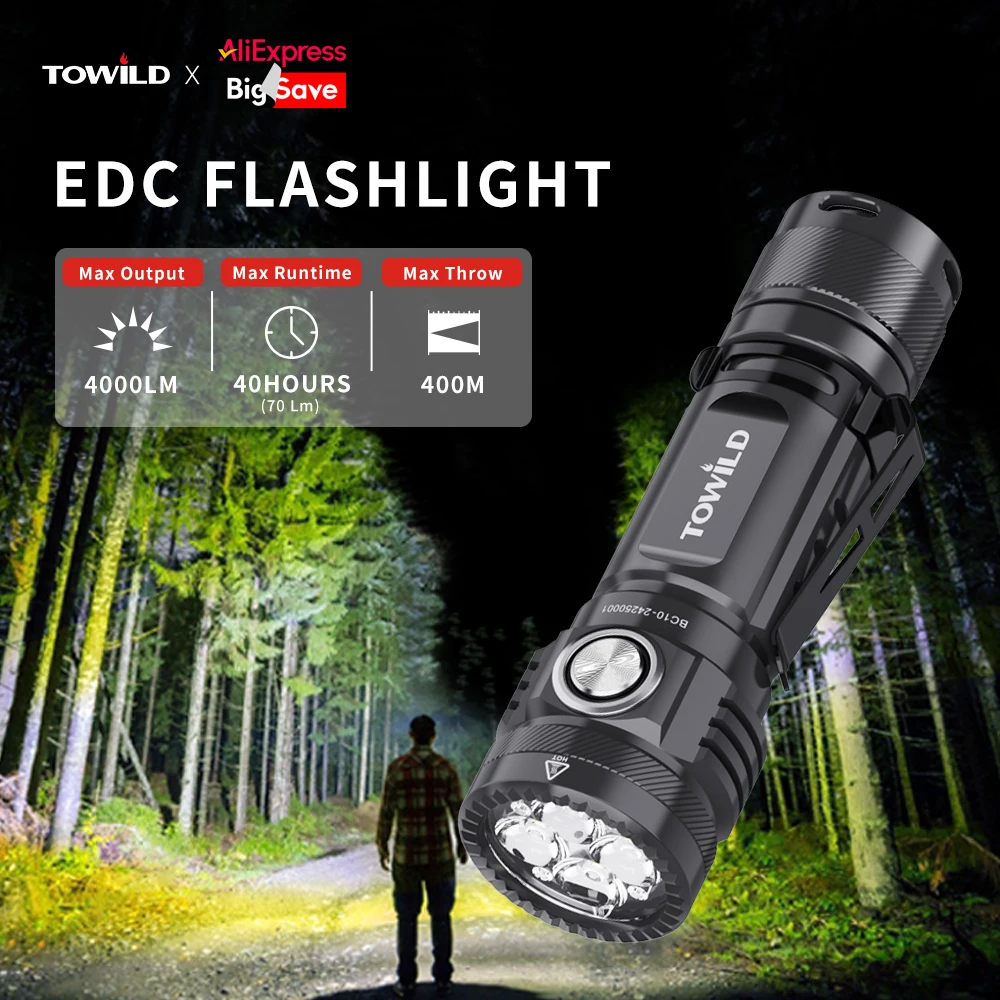 TOWILD BC10 EDC مصباح يدوي محمول قابل لإعادة الشحن 4000lm IPX8 عالية الطاقة مصباح ليد جيب 21700 الشعلة للتخييم الإضاءة في الهواء الطلق