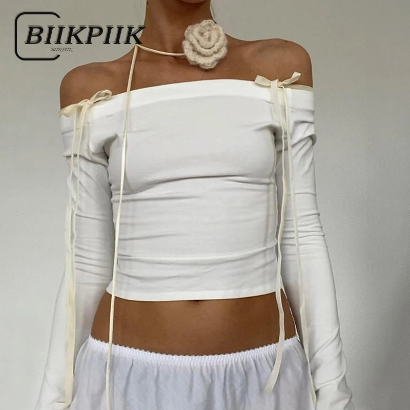 

BIIKPIIK Sexy Lace Up White T-shirts Casual Bow Slash Neck Long Sleeve Slim Crop Tops For Women Autumn Concise All-match Outfits