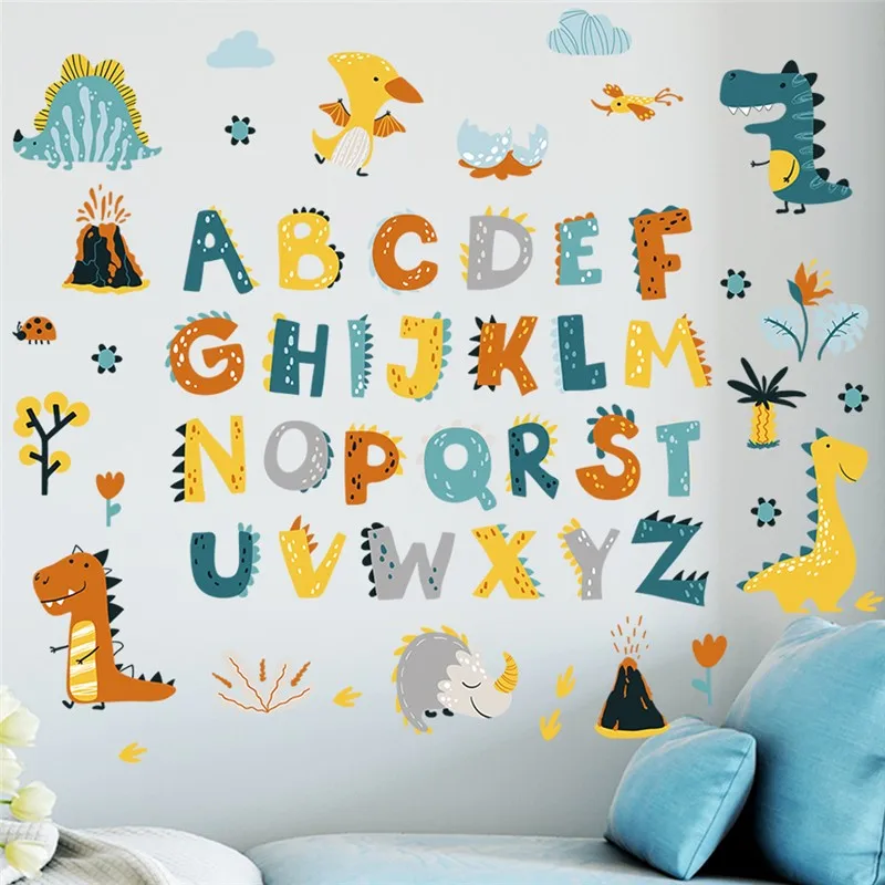 

Cute Dinosaurs English Letters Wall Stickers For Baby Room Kindergarten Decoration Alphabet Mural Art Home Decals Nursery Poster