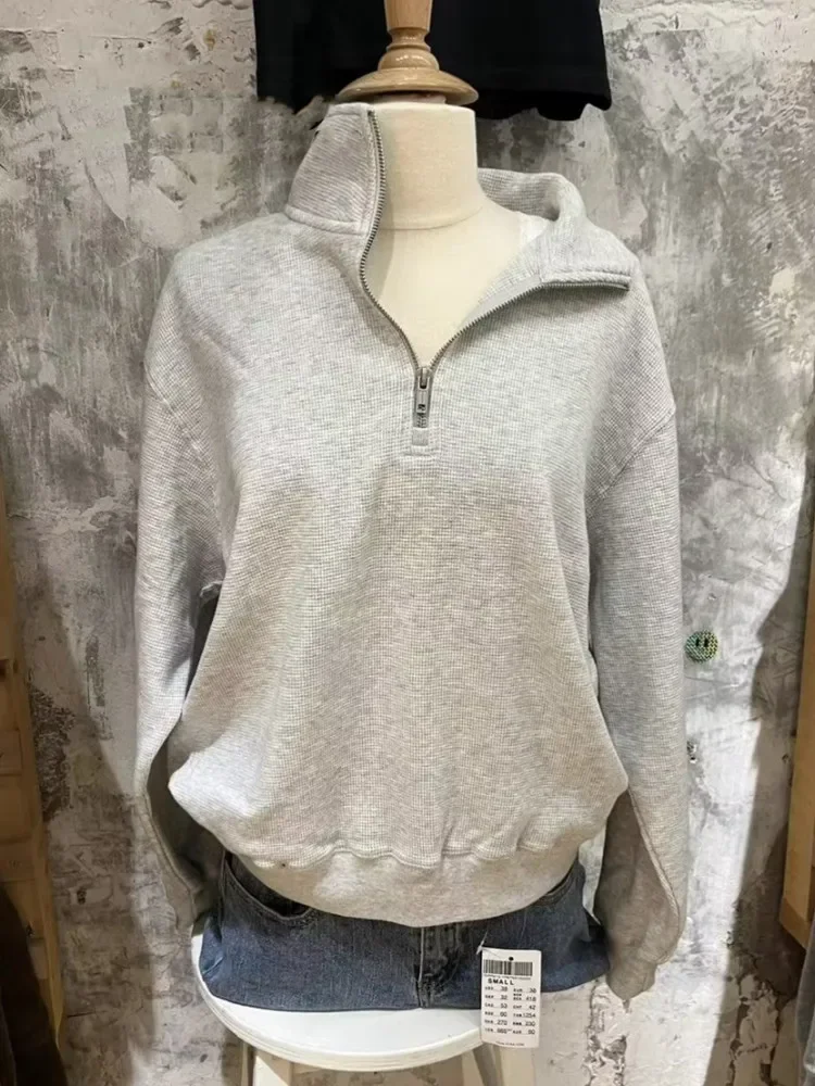 

Casual Women Grey Waffle Sweatshirts 2023 Fall Retro Polo Neck Long Sleeves Solid Color Sweatshirts Female Chic Pullovers