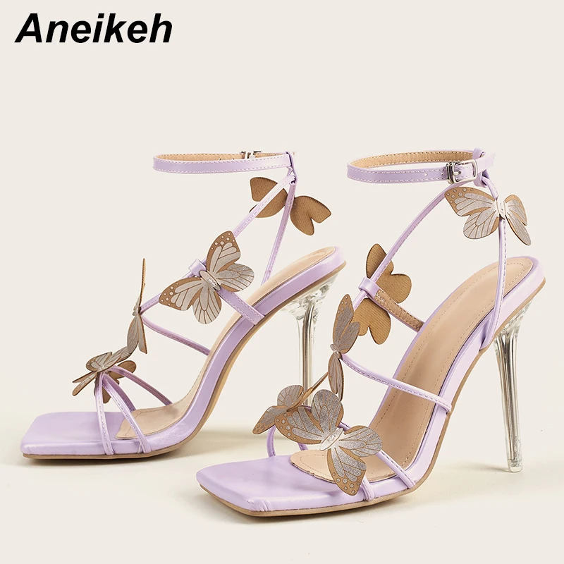 

Aneikeh 2024 пикантные сандалии на высоком каблуке с ремешком и пряжкой на щиколотке с кристаллами в форме бабочки гладиаторы женская модная обувь с квадратным открытым носком