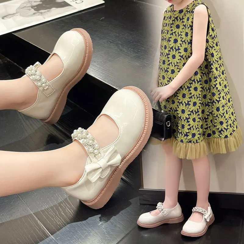 

Autumn Girls Shoes Fashion Pearl Rhinestones Bow Princess Shoes Soft Bottom Non-slip Party Dance Shoes Big Kids Mary Janes Flats