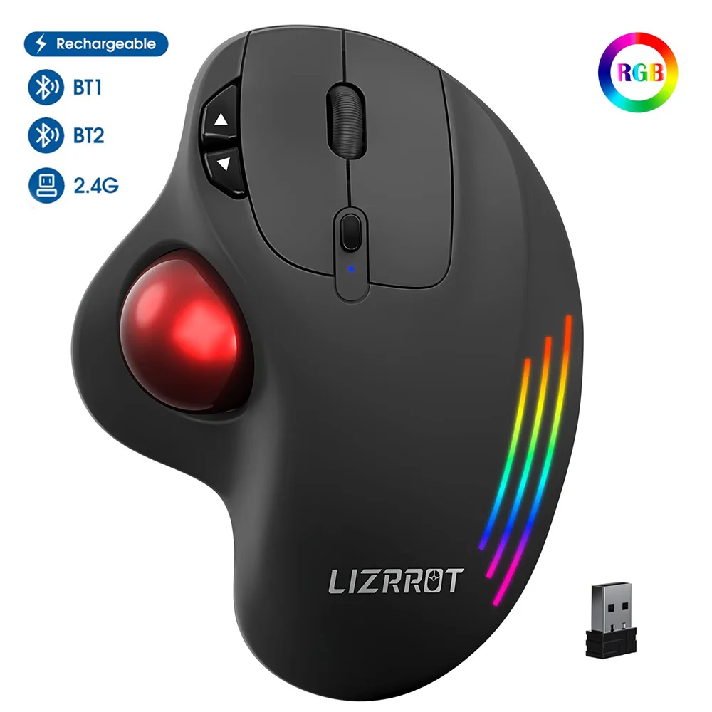 Lizrrot bluetooth trackball mouse recarregável sem fio 2.4g usb mouse