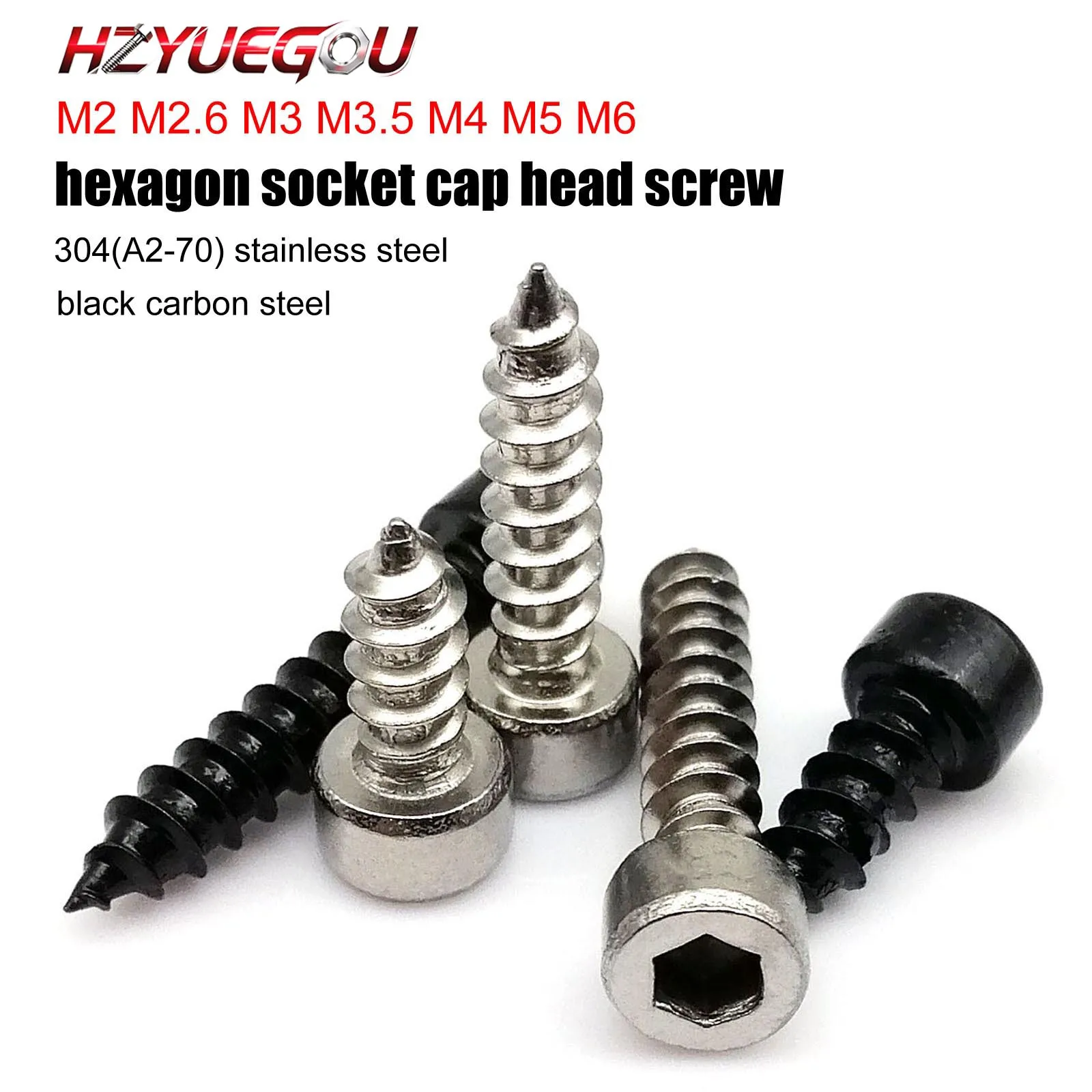 HZYUEGOU M2 M2.6 M3 M3.5 M4 M5 M6 304 Edelstahl Schwarz Kohlenstoffstahl Innensechskant-Holzschraube mit Selbstschneidender Spitze