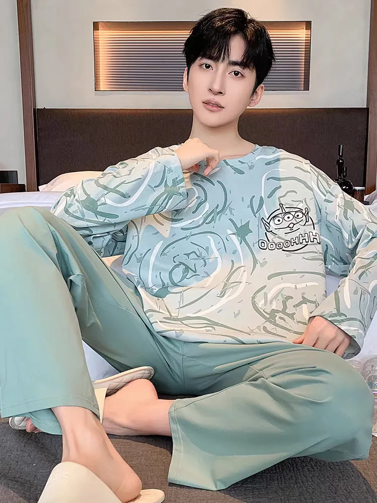 Pyjamas für Herren, Frühling und Herbst, kariert, einfarbig, verschiedene große Jugend-Homewear-Anzüge, langärmelige Nachtwäsche, Loungewear – Detail 6