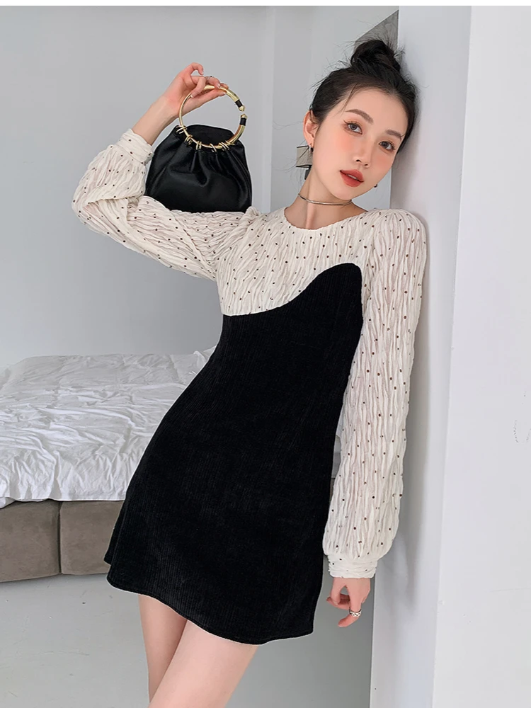 

ZCSMLL Corduroy Patchwork Ruched Mini Dress Women Spring 2022 Long Sleeve A Line Polka Dot French Dress Ladies Clothing