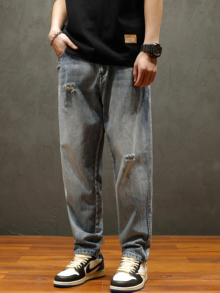 

2022 Ripped Holes Jeans Pants Men Summer Baggy Oversized Denim Wide Leg Trousers Casual Retro Hip Hop Fashion Denim TrousersZ60