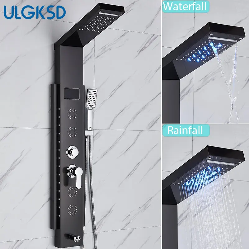 ULGKSD Full Faucet Set System LED Bathroom Showers Panel Hot&Cold Shower Column Rainfall And Waterfall Faucet Bathroom Mixer Tap 2