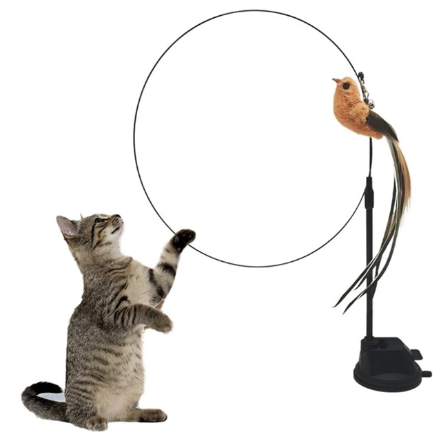 Feather Cat Teaser Strong Suction Cup Cat Pole Toy With Bell Steel Wire Cat  Toy