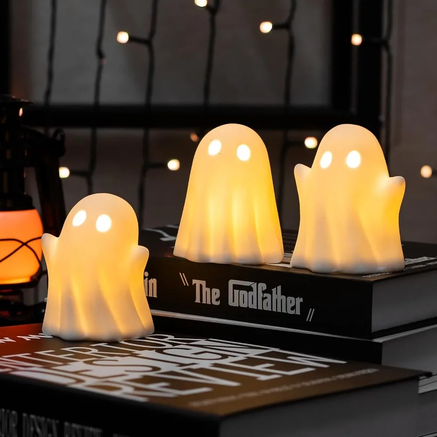 3 Pack Cute Ghost Light Up Halloween Decor LED White Ceramic Spooky Flameless Lanterns for Fall Halloween Party Decoration Idea