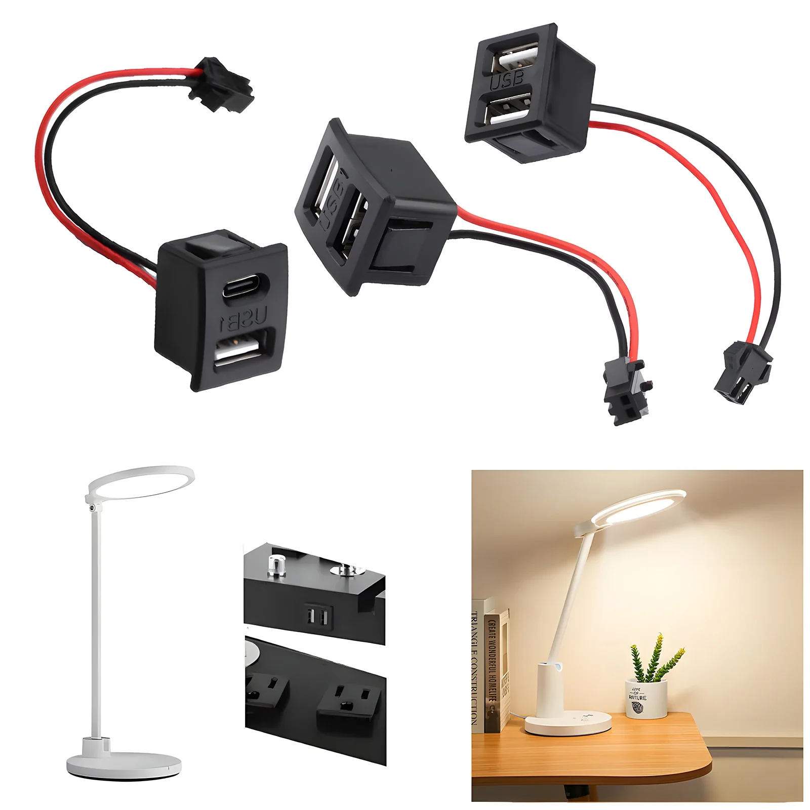 Double Layer USB Female Base Type-c Socket Lamp Charging Socket With Cable Connector 2pcs