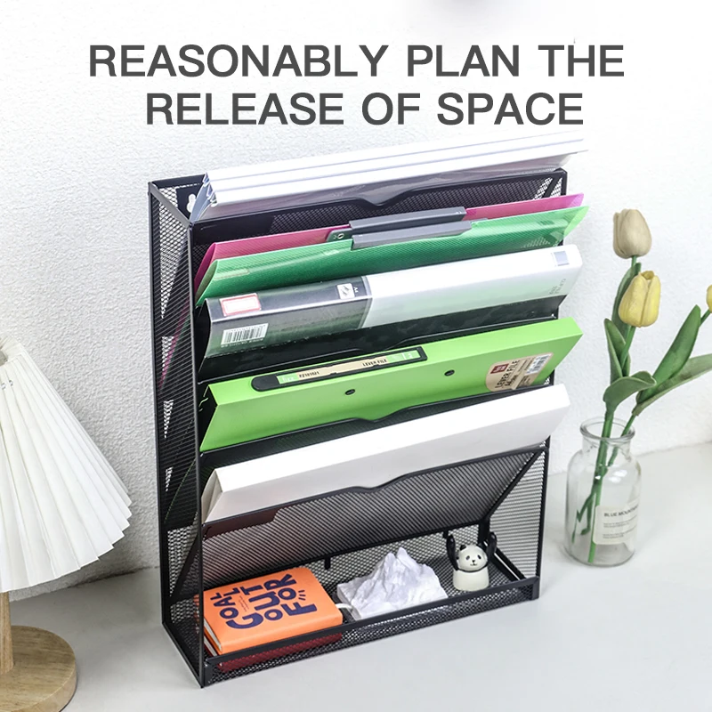 Mesh wall file storage rack 5-layer vertical mounting rack Magazine with bottom flat tray, side closed, black
