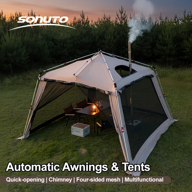 Outdoor Camping Tent with Chimney Large Family 5-9 Person Waterproof Sun Protection with Aluminum Poles Beach Hiking Fishing 1