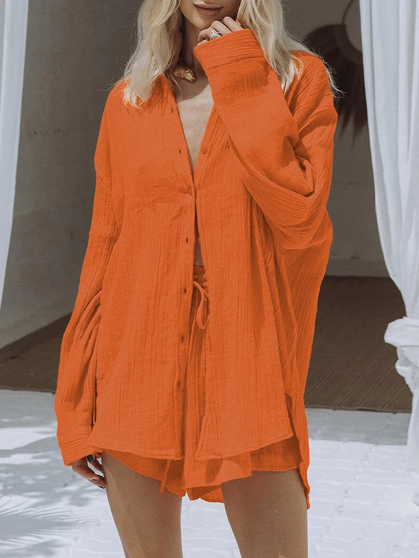 Marthaqiqi Loose Ladies Nightwear 2 Piece Suit Turn-Down Collar Pajamas Long Sleeve Nightgowns Shorts Cotton Home Clothes Women