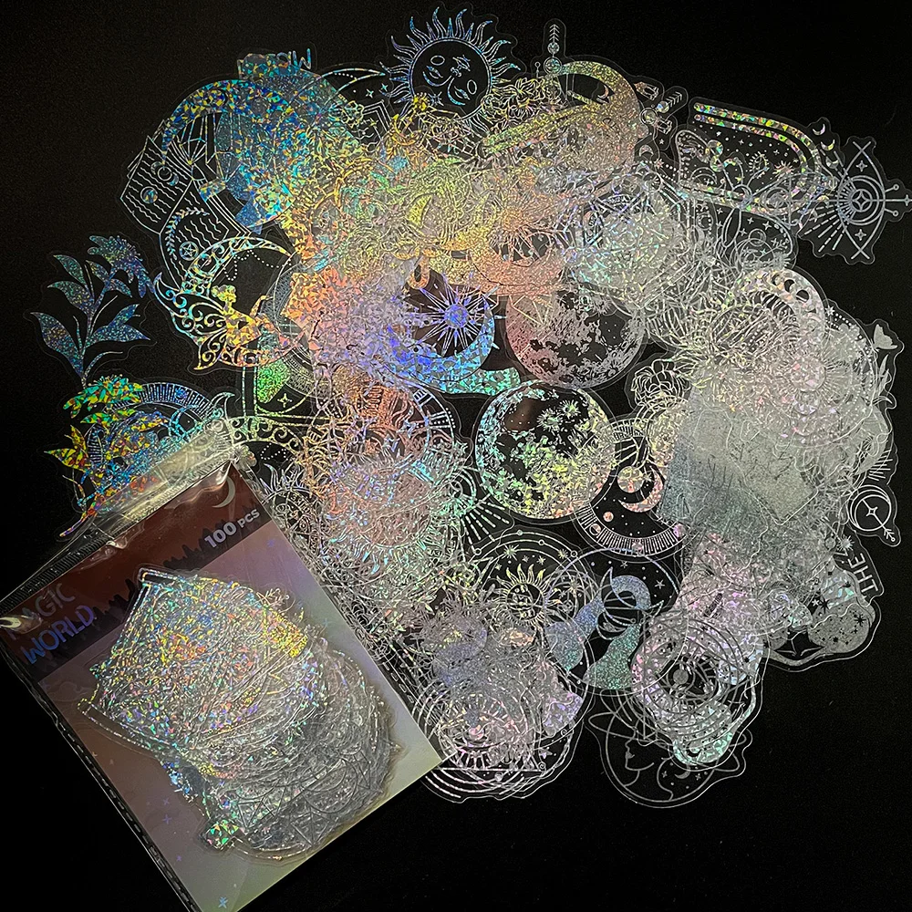 

10/30/50/100pcs Holographic Laser Magic World Aesthetic Stickers Cute Cartoon Decals Luggage Phone Kawaii Girls DIY Sticker Gift