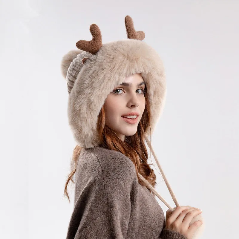 Cappelli invernali caldi lavorati a maglia, da donna, con corna di cervo, due palline, con paraorecchie, in peluche, spessi e soffici, in pelliccia_voghion.com