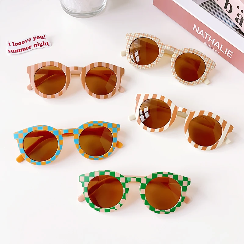 2023 New Children Cute Checker Panel Color Round UV400 Sung Baby Girls Outdoor Sun Protection Sung Kid Sun_voghion.com