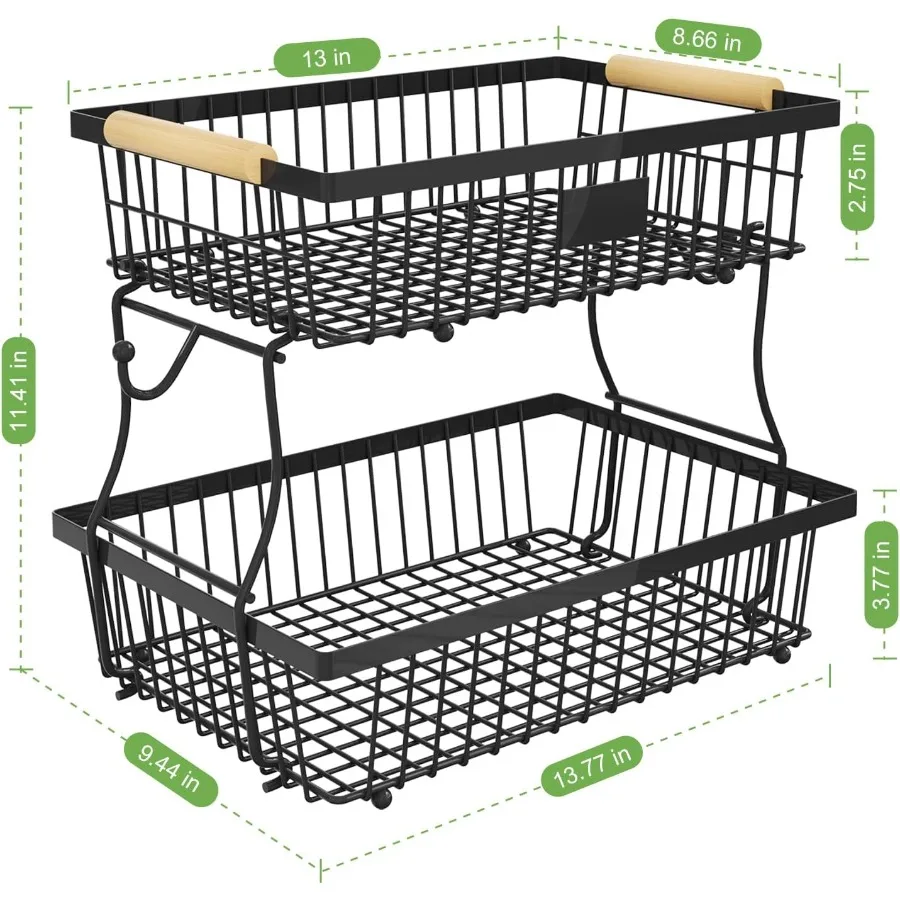2 Tier Fruit Basket for Kitchen Counter with 2 Banana Hangers Countertop Metal Fruit Bowl with Wooden Handle Large Storage Stan