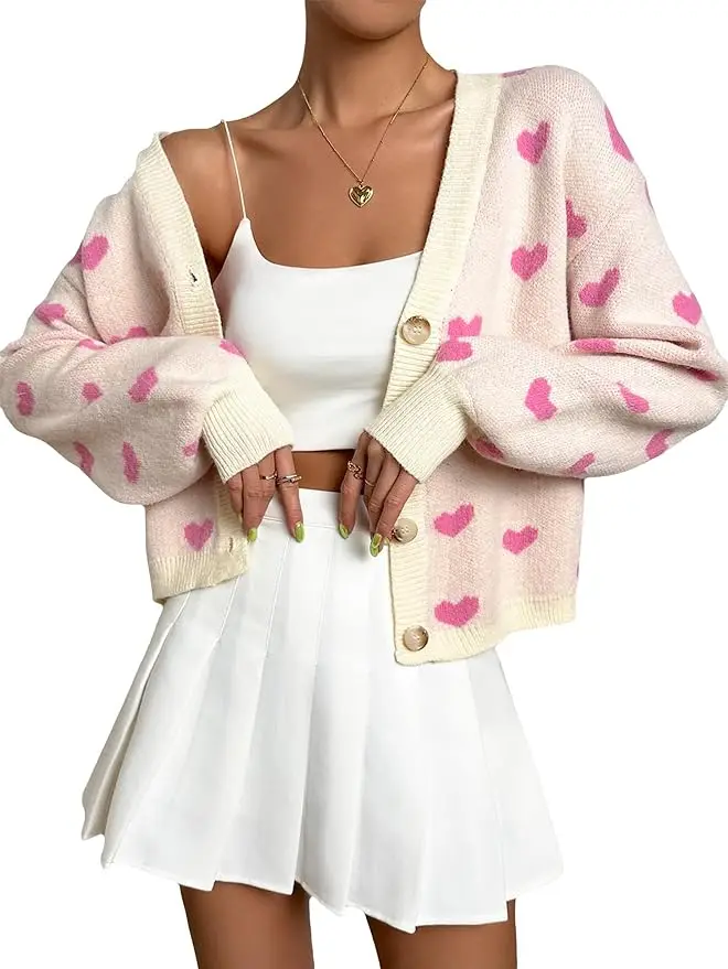 

Verdusa Women's Long Sleeve Print Button Front V Neck Knit Sweater Cardigan