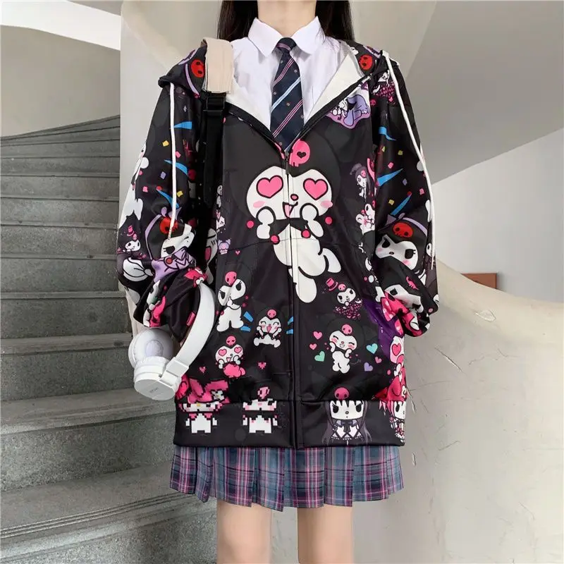Sanrios Kuromi Harajuku Jacket Women Japanese Cute Loose Student Hooded Outerwear Oversized Thicken Fall Clothes for Women