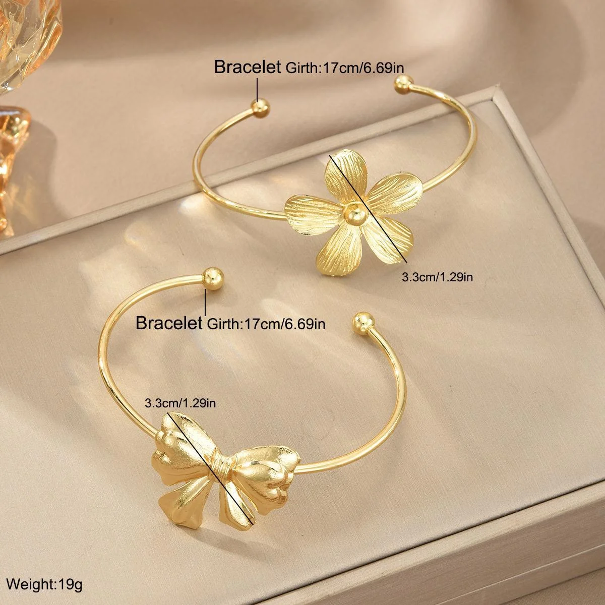 2pcs Gold Color Flower Bowknot Open Cuff Bangle Set For Women European & American Minimalistic Elegant Design Bracelet Jewelry