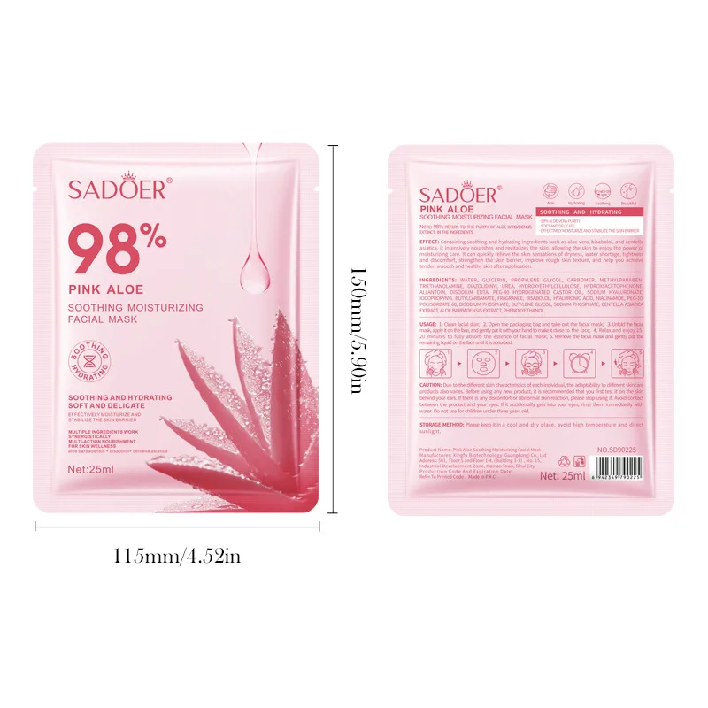 SAODER Pink Aloe Moisturizing Facial Masks Anti-Aging Hydrating Nourishing Anti Wrinkles Face Mask Sheet Masks Skin Care Product