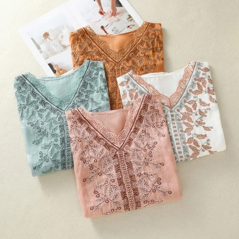 Embroidery Chinese Style Blouses Summer Vintage Women's Shirts Short Sleeve Cotton Linen Clothing Loose Women Top 2024 Korean