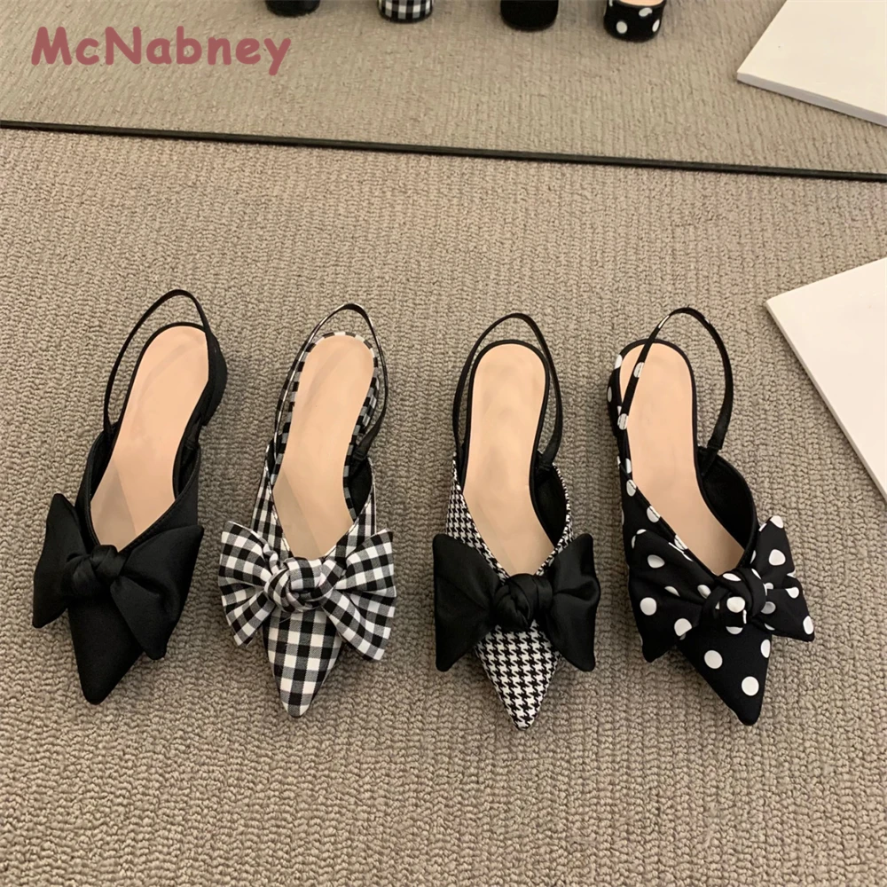French Women Bowknot Shoes 2023 Summer Pointed Low Heel Sandals Women