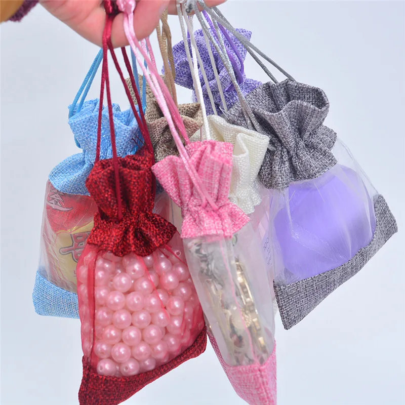 10*14cm Windowed Burlap Bags With Drawstring Rolled Edges Gift Bags Jewelry Packaging Display Candy Storage