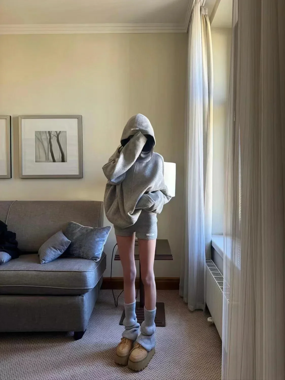 Y2k American Casual Sports Suit Lazy Hooded Cardigan Solid Color Loose Sweater Jacket Tight Shorts Gray Two Piece Set for Women 6