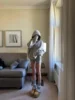 Y2k American Casual Sports Suit Lazy Hooded Cardigan Solid Color Loose Sweater Jacket Tight Shorts Gray Two Piece Set for Women 6