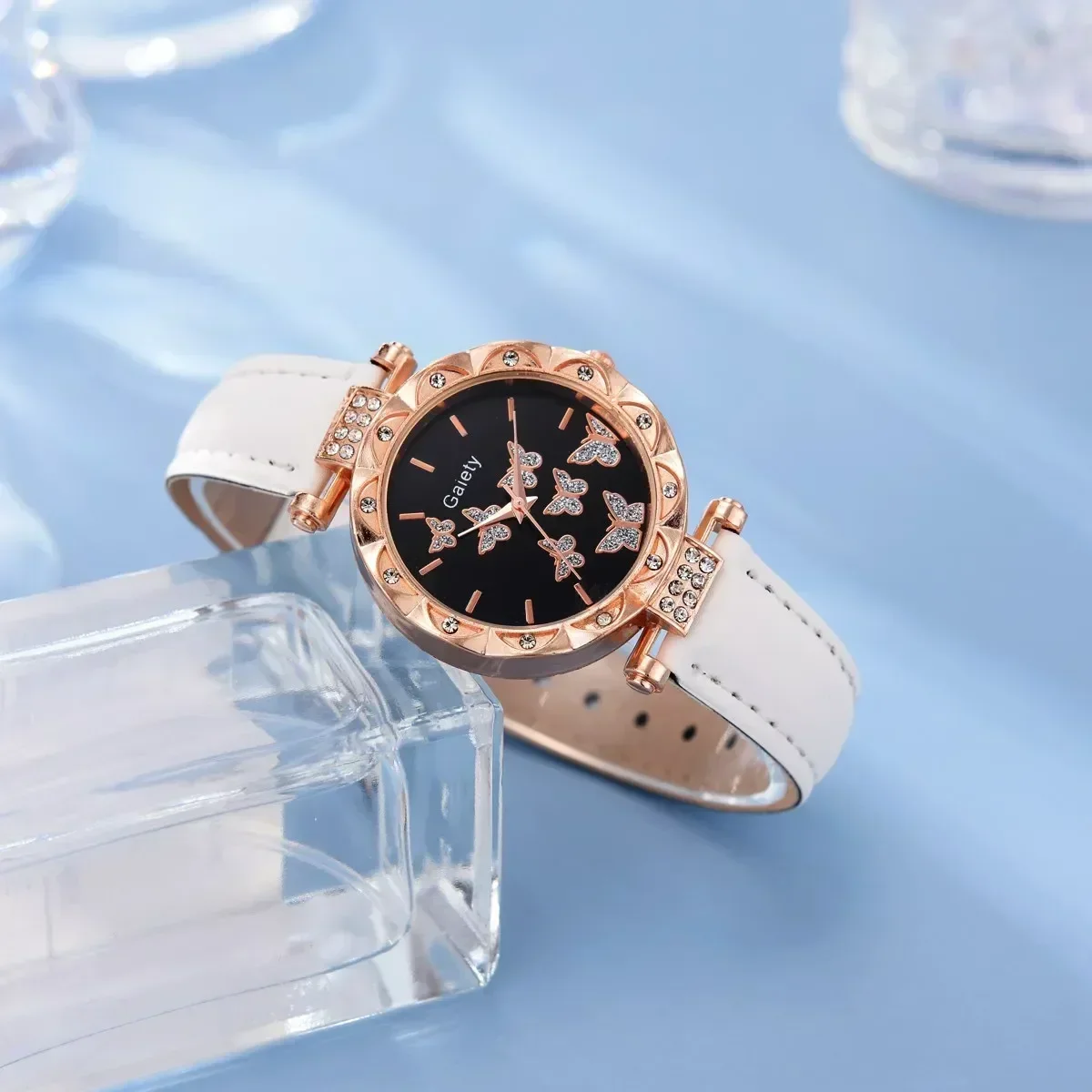 6/1pcs Set Women Watch Ring Necklace Earrings Bracelet Set Watches Butterfly Leather Strap Ladies Quartz WristWatch (No Box) 5