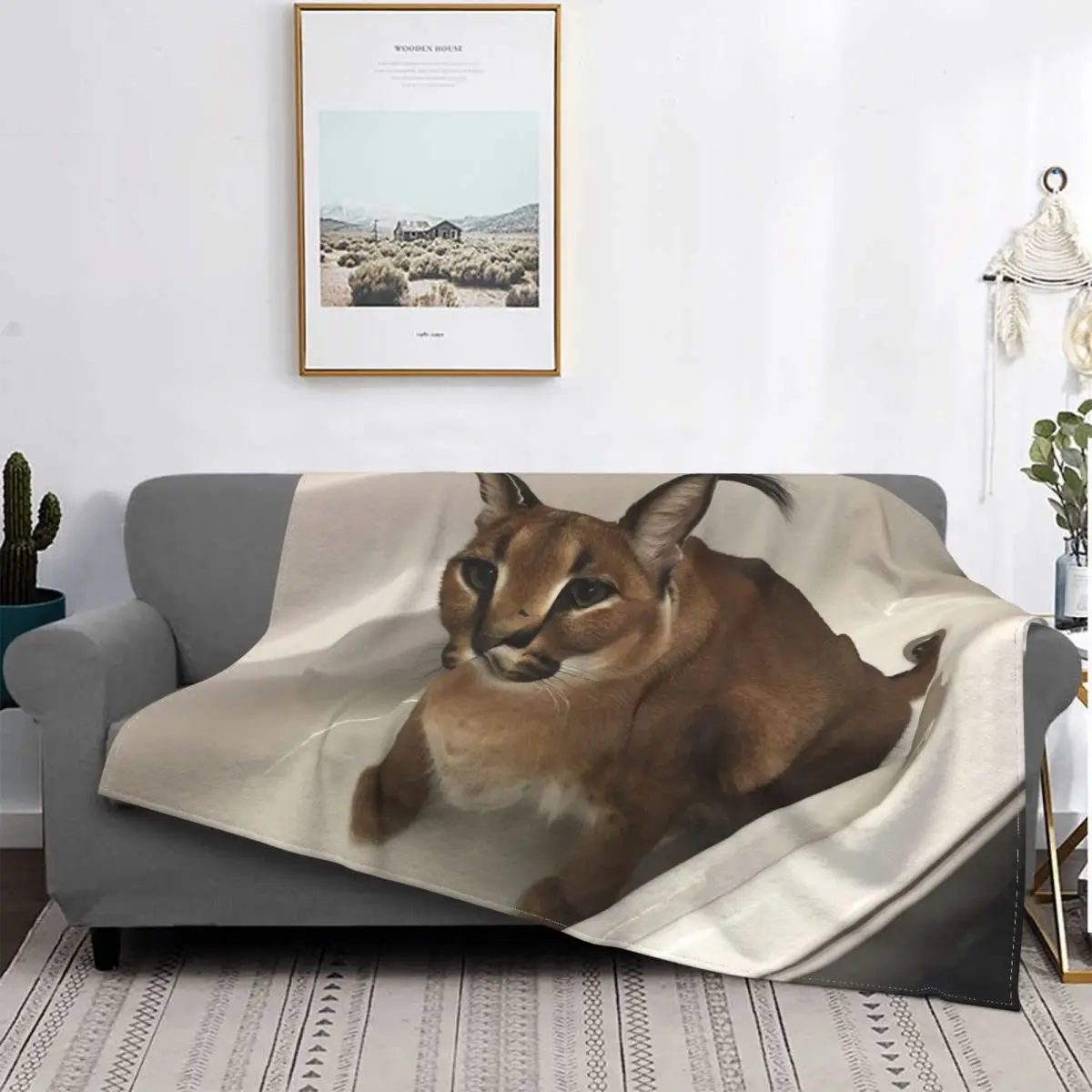 Big Floppa Meme Cute Caracal Cat Fleece Blanket