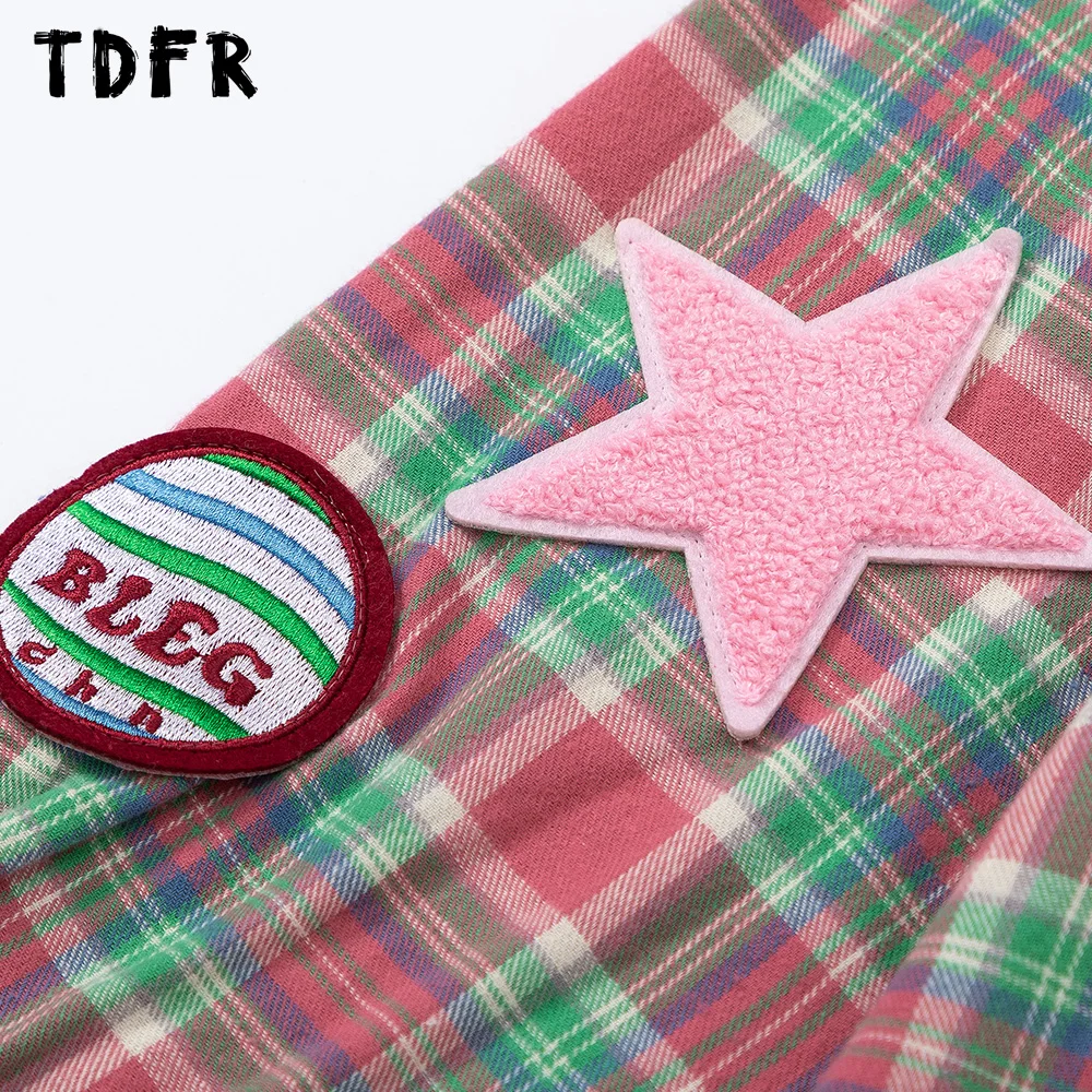 Patch Embroidery Plaid Shirt Mens Retro Casual Loose Pocket Lapel Single Breasted Long Sleeve Shirts Men
