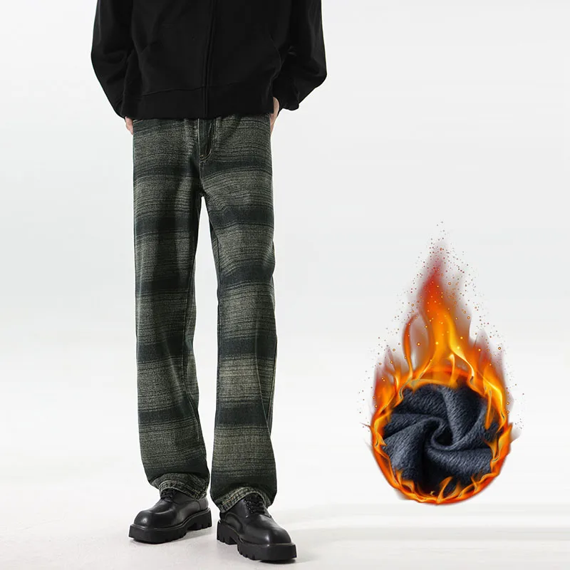 Warm Men’s Stripe Washed Fleece-Lined Denim Jeans – Loose Wide-Leg Streetwear 5