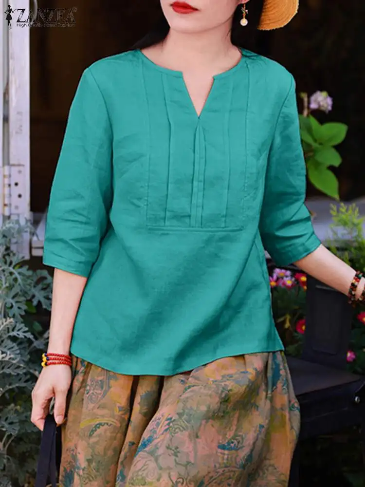 

ZANZEA Fashion Baggy Tunic Women Cotton Blouse Casual Loose 3/4 Sleeve Tops 2024 Summer Solid V-Neck Shirt Vintage Pleated Blusa
