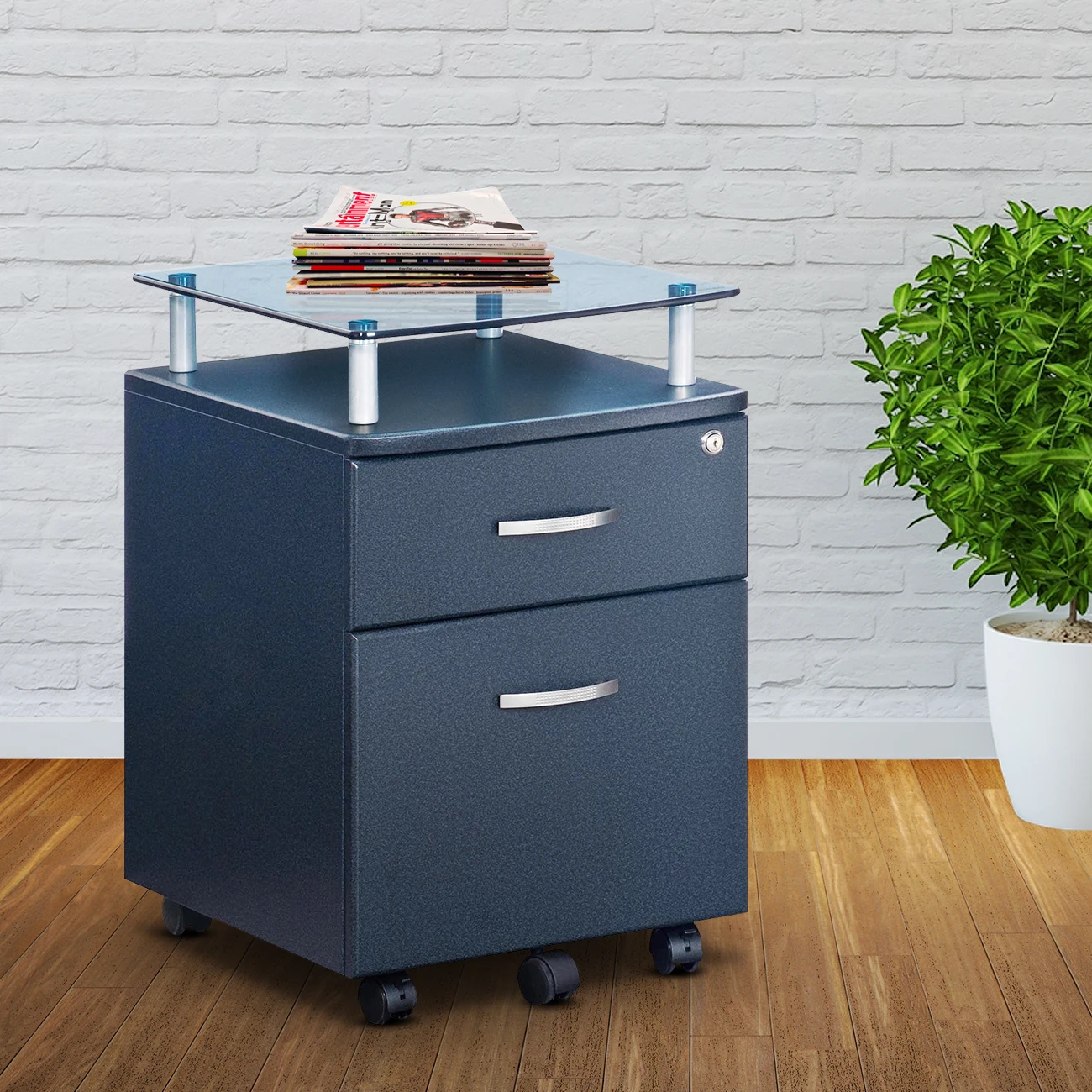 

16x16.5x24 Inch Rolling File Cabinet MDF Panel with Glass Top & 1 Large 1 Small 2 Drawers Graphite[US-W]