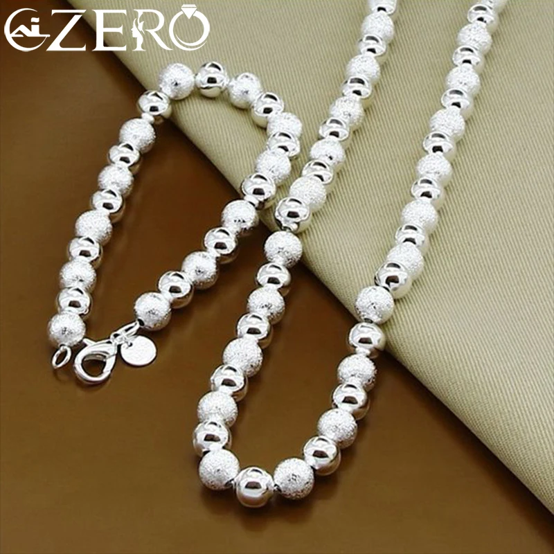 

ALIZERO 925 Sterling Silver Frosted Smooth 8MM Beads Necklace Bracelet Set for Woman Charms Wedding Engagement Party Jewelry