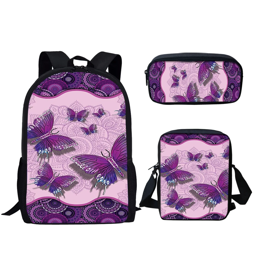 Purple Butterfly Moon Print 3Pcs School Bags for Teen Girls Travel Backpack for Women Casual Schoolbag Large Capacity Backpack