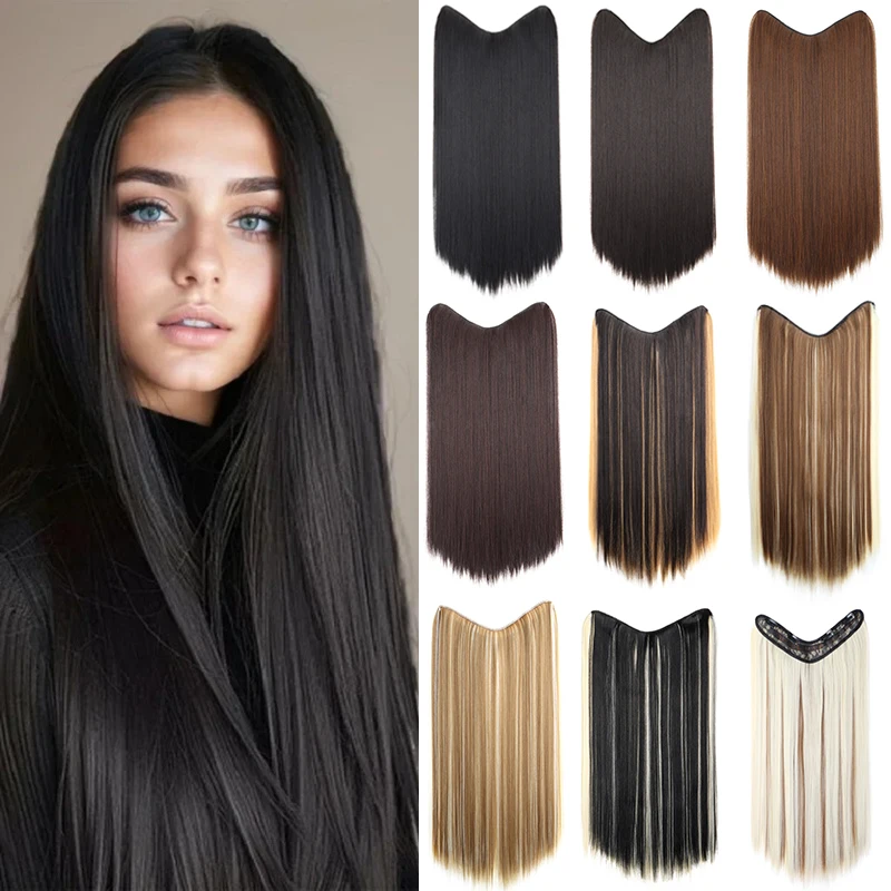 24Inch Synthetic Long Straight One Piece Hair Extension 4 Clips V-shaped Hairpiece for Women