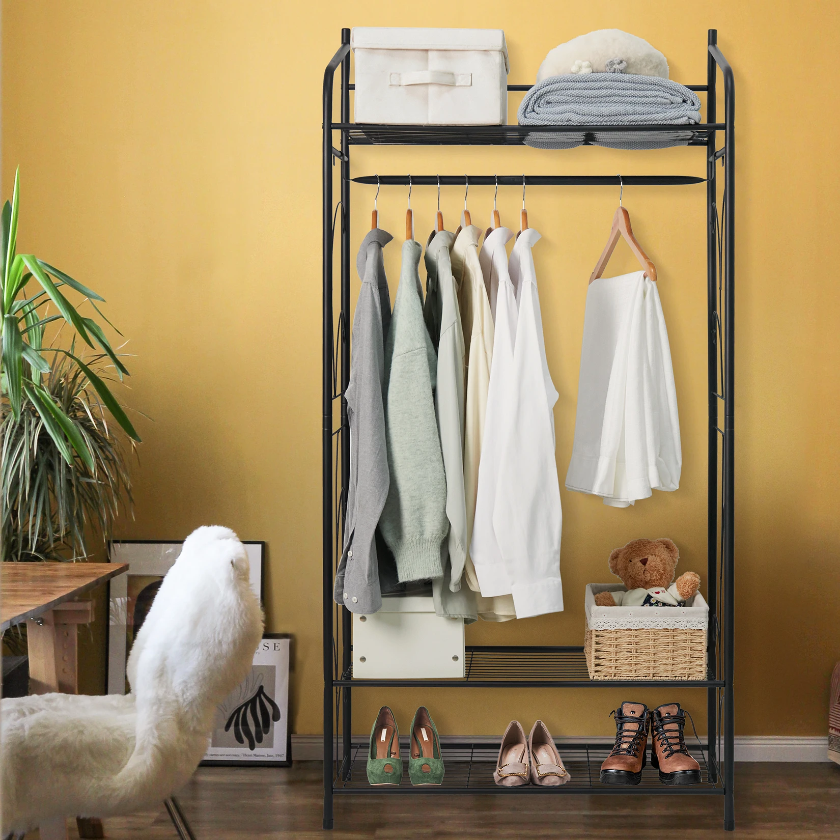 Heavy Duty Metal Garment Shoe Rack Stand Clothes Hanging Rail with Shelves