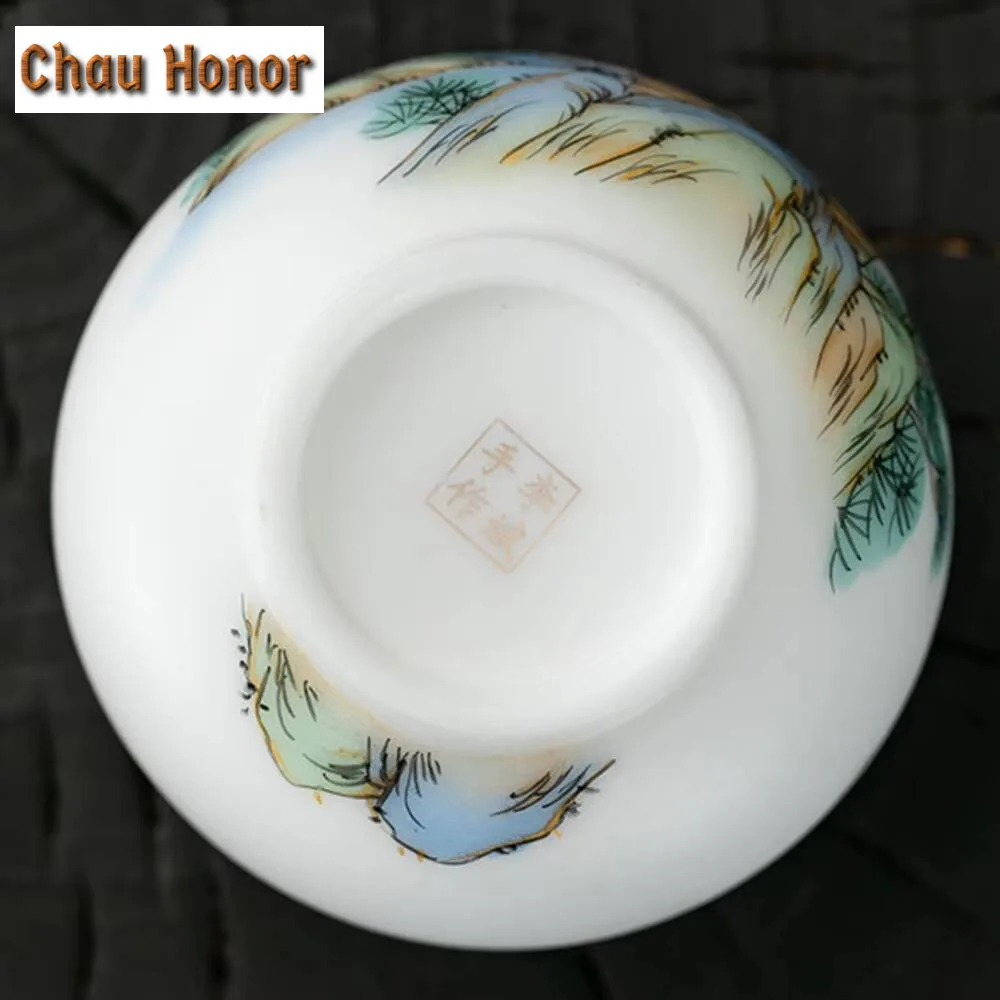 160ml High-end Ice White Jade Porcelain Teacup Hand-painted Landscape Master Cup Personal Jianzhan Anti Scalding Kung Fu Teaware