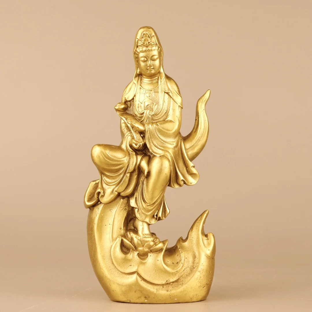 

6"Tibet Temple Collection Old Brass Guanyin Bodhisattva Buddha Moon Guanyin Standing Buddha Worship Hall Town house Exorcism