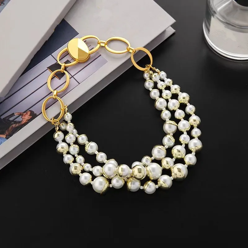 

Multi Layers Metallic Pearl Statement Necklace For Women Personality New Fashion Choker Collares Christmas Gift