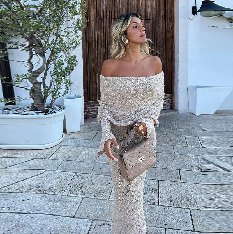 Beach Knitted Off The Shoulder Long Dress Women Slim Flare Sleeve Hollow Out Maxi Dresses 2025 Summer Lady Hip Package Robes