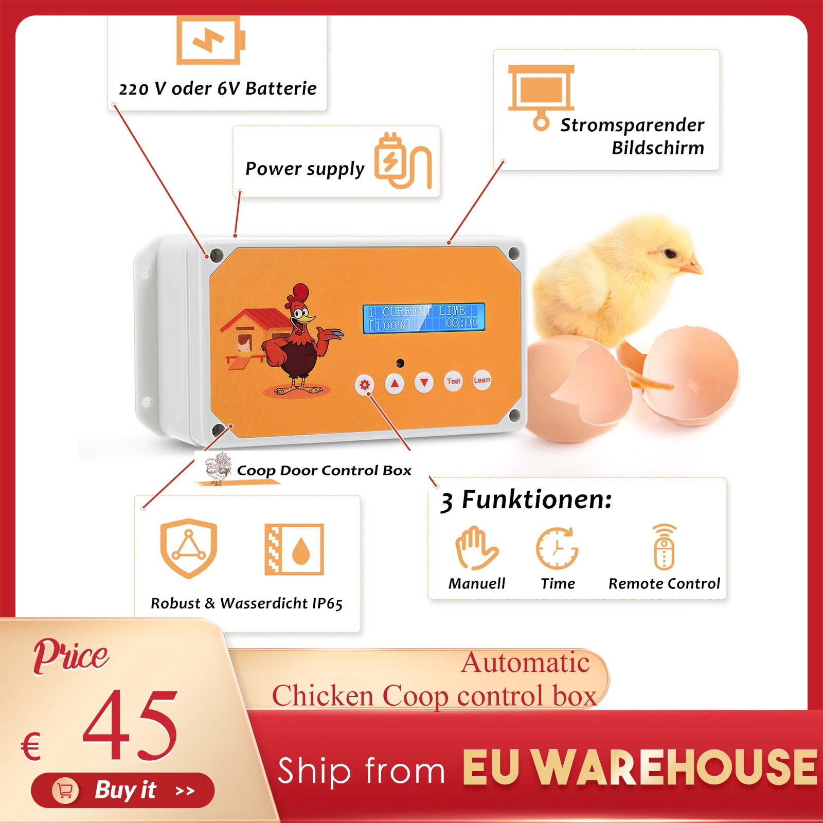 Automatic Chicken Coop Door Openers Controller LCD Screen Timer Light