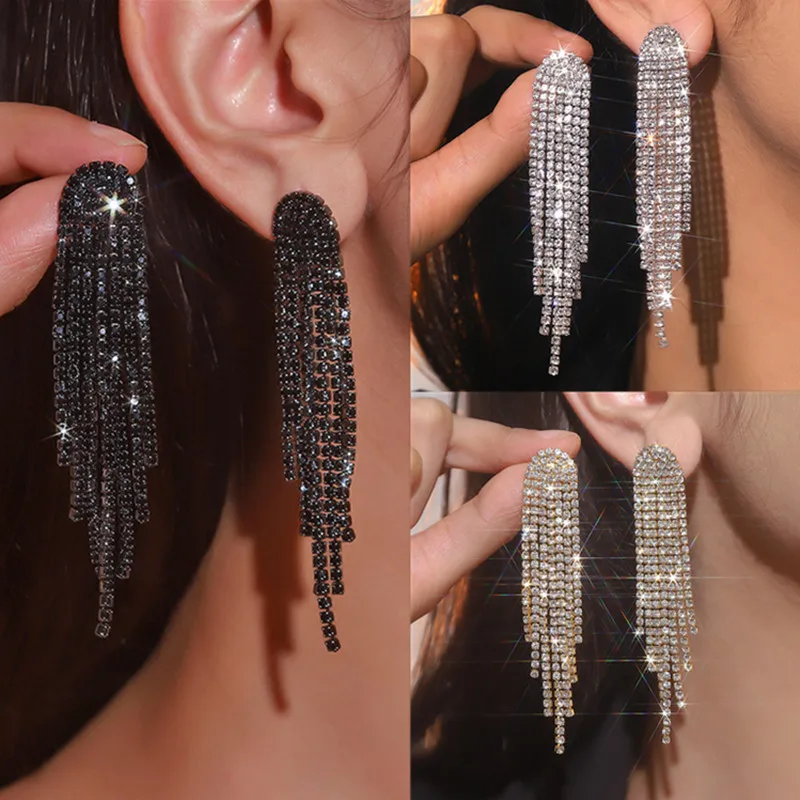 Dangle Earrings Fashion Long Tassel Drop Earrings for Women Black Gold Silver Color Rhinestone Wedding Party Jewelry FYUAN