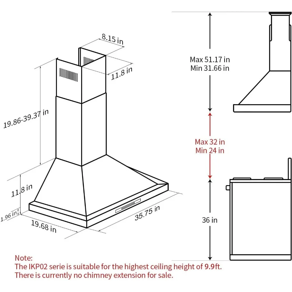 36 inch Black Wall Mount Range Hood, 900 CFM Ducted/Ductless Stainless Steel Vent Hood 6