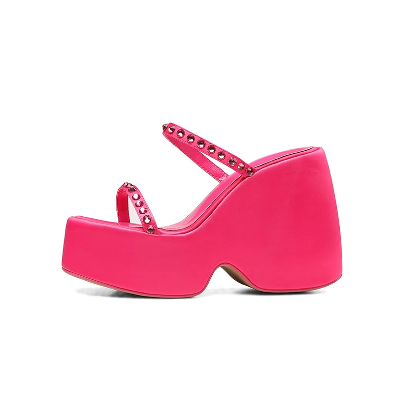 

Summer New Fashion Women's Sandals Platform Thick High Heel Wedges Diamond Strap Roman Slippers Black Rose Red Party Sandals